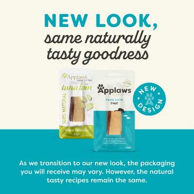 Announcement showing Applaws tuna loin treat with old and new packaging. Text: New look, same naturally tasty goodness. Packaging may vary but recipes remain the same.