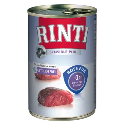 Konzerva Rinti Sensible Pur, nápisy: Für empfindliche Hunde, Getreidefrei, Ross Pur, nur 1 tierisches Protein. Zobrazené kusy masa na etiketě.