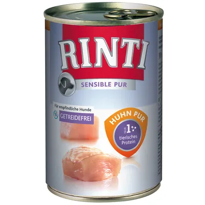 Konzerva Rinti Sensible Pur, Huhn Pur, pro citlivé psy, bez obilovin, pouze 1 živočišný protein. Text v němčině: Für empfindliche Hunde, Getreidefrei, nur 1 tierisches Protein.