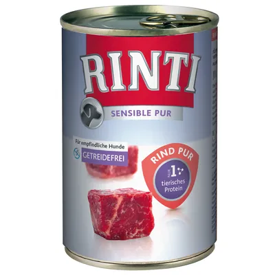 Konzerva Rinti Sensible Pur, nápisy: Für empfindliche Hunde, Getreidefrei, Rind pur, nur 1* tierisches Protein. Zobrazené kostky masa na obalu.