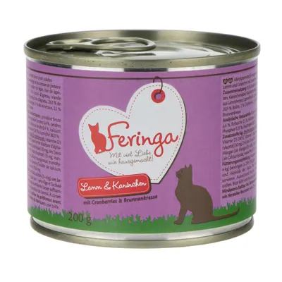 Feringa cibo per gatti, gusto agnello e coniglio con mirtilli rossi e crescione, lattina da 200g.