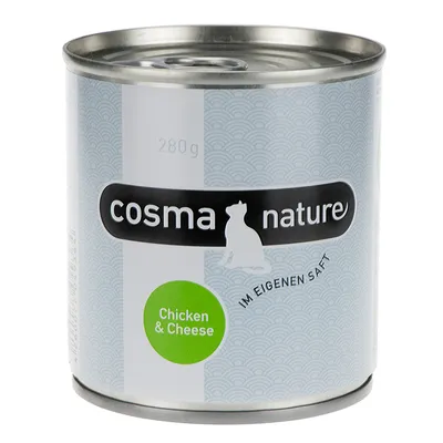 Blik Cosma Nature 280g, Chicken & Cheese, met tekst 'im eigenen Saft' op het etiket. Merknaam en productvariant duidelijk zichtbaar.