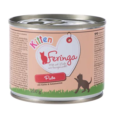 Konzerva Feringa Kitten Pute, 200 g. Text: Mit viel Liebe wie hausgemacht! mit Kürbis & Katzenminze. Ilustrace kočky na etiketě.