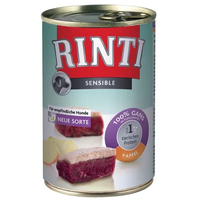 Rinti Sensible, testo visibile: Für empfindliche Hunde, Neue Sorte, 100% Gans im Fleischanteil, nur 1 tierisches Protein, +Apfel. Immagine di cibo umido a strati in scatola.