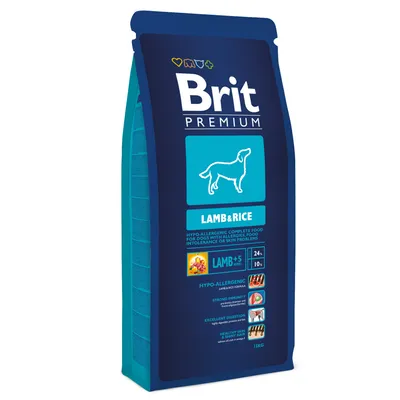 Brit Premium Lamb & Rice, hypo-allergenic complete food for dogs, visible icons for strong immunity, excellent digestion, healthy skin and shiny hair, 15kg bag