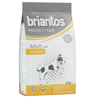 briantos Protect + Care Adult Mini Active & Care, 3 kg bag. Text: Developed by experts, for fully grown small dogs with sensitive digestive systems, free of grain containing gluten.
