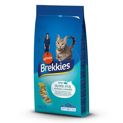 Sac de croquettes pour chat Brekkies affinity, saveur saumon, thon, légumes et céréales, 15 kg. Texte en espagnol : sabor SALMÓN, ATÚN, verduras y cereales.
