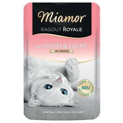 Miamor Ragout Royale kattenvoer met kip en zalm in saus, zonder soja, zonder toegevoegde suiker, met taurine. Tekst op verpakking deels in het Duits.