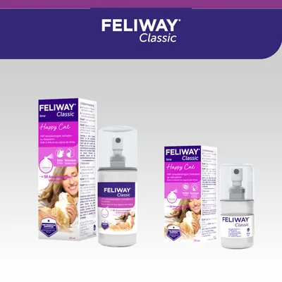 Feliway Classic Spray Happy Cat, hilft stressbedingtes Verhalten zu reduzieren. Erhältlich in 60 ml und 20 ml. Für ungefähr 50 bzw. 16 Anwendungen.