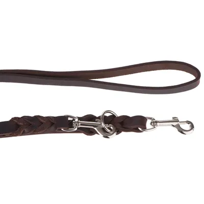 Braune Hundeleine aus Leder mit geflochtenem Design und silbernen Metallkarabinern. Schlaufe am Ende für sicheren Halt.