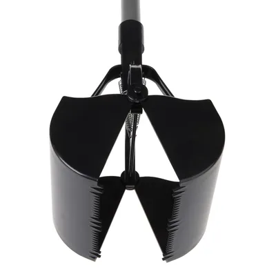 Pelle à mâchoires en plastique noir avec manche gris, vue de face montrant les dents et le mécanisme à ressort visibles.