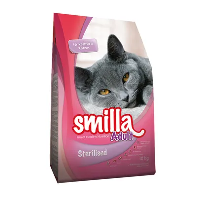 Balenie krmiva pre mačky smilla Adult Sterilised, 10 kg. Text na obale: „für kastrierte Katzen“, „Finest Healthy Nutrition“, „Sterilised“. Obrázok sivej mačky.