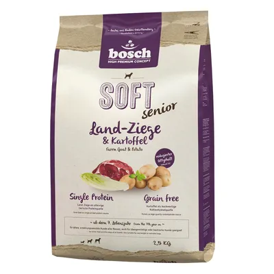 Bosch Soft Senior Land-Ziege & Potatis, enkelprotein, spannmålsfri, med reducerad fetthalt, lämplig från 7 års ålder, 2,5 kg förpackning.