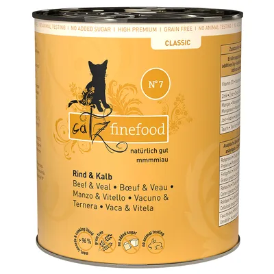catz finefood N°7 Classic, Rind & Kalb. Tekstit: no added sugar, high premium, grain free, no animal testing. Kuvakkeet: 96 %, grain free, no added sugar, no animal testing.