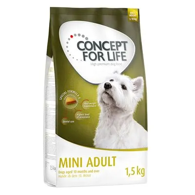 Sacchetto Concept for Life Mini Adult 1,5 kg per cani adulti fino a 10 kg. Testo visibile: special formula, ideal weight maintenance, highest level of acceptance, dental care.