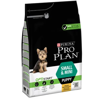 Purina Pro Plan Small & Mini Puppy OPTISTART torrfoder, bild på valp, text: Opti Nutrition, Superior Level of Nutrients, med kyckling, QR-kod synlig på förpackningen.