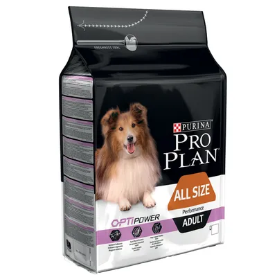 Saco de pienso para perros Purina Pro Plan OptiPower Performance Adult All Size. Imagen de perro en el envase. Texto visible: Freshness Seal, Performance, ADULT.