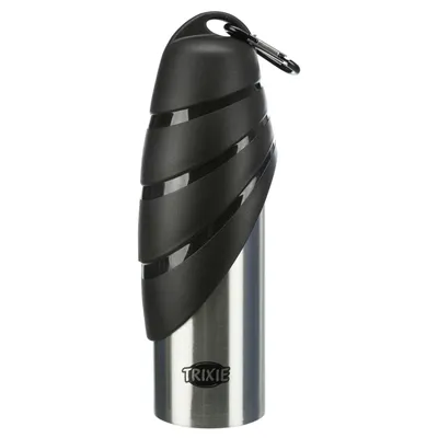 Trixie stainless steel drinking bottle with black plastic lid and carabiner.