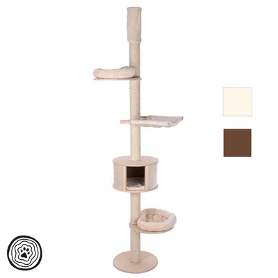 Krabpaal met meerdere ligplekken, hangmat, ronde mand en huisje. Verkrijgbaar in beige en bruin. Zichtbaar sisal touw en pluche bekleding.