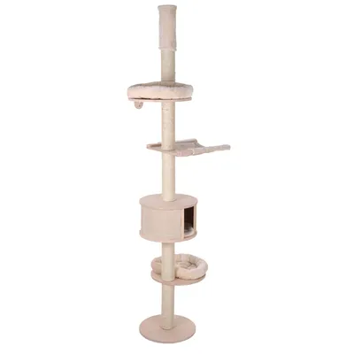 Krabpaal van beige stof en sisal met meerdere ligplaatsen, een ronde slaaphol en verschillende plateaus op een verticale paal.