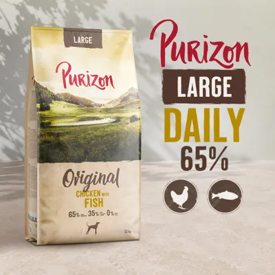 Purizon Large Original Pui cu Pește, 65% pui și pește, 35% alte ingrediente, 0% cereale, 12 kg. DAILY 65%.
