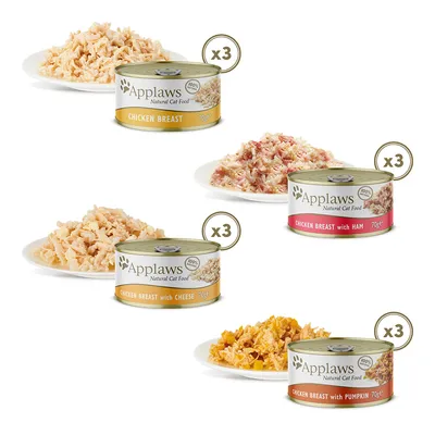 Applaws Natural Cat Food, 3x70g dåser: kyllingebryst, kyllingebryst med skinke, kyllingebryst med ost, kyllingebryst med græskar. 100% naturlige ingredienser.