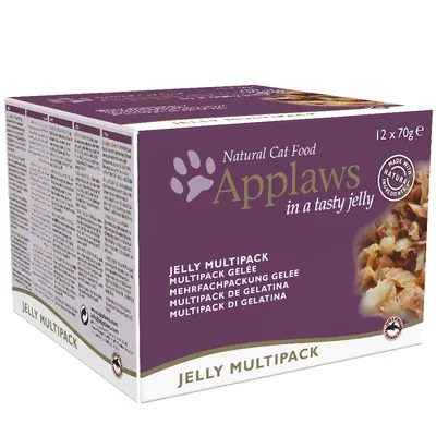 Applaws Natural Cat Food Jelly Multipack, 12 x 70 g. Pakkauksessa teksti: 'Made with natural ingredients'. Kissalle tarkoitettu hyytelöruoan monipakkaus.
