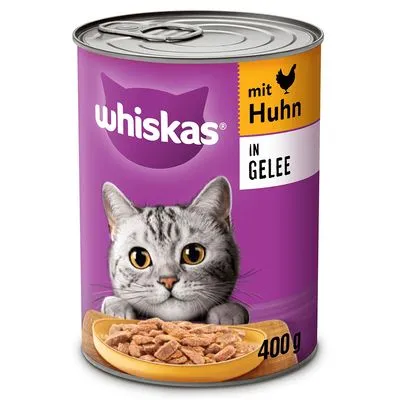 whiskas mit Huhn in Gelee, blik van 400 g, afbeelding van een grijze kat en stukjes vlees in gelei op de verpakking. Tekst deels in het Duits.