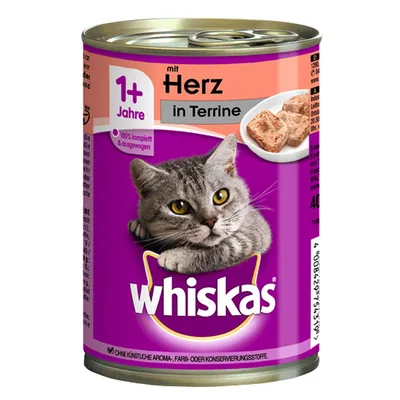 Whiskas kattenvoer blik, 1+ Jahre, mit Herz in Terrine. Afbeelding van grijze kat en stukjes terrine op bord. Tekst: 100% komplett & ausgewogen, zonder kunstmatige aroma’s, kleur- of conserveermiddelen.