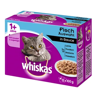 Whiskas Fisch Auswahl in Sauce, 12 x 100 g, losos, tuna, oslić, bijela riba. Tekst na njemačkom: 1+ Jahre, 100% komplett & ausgewogen.