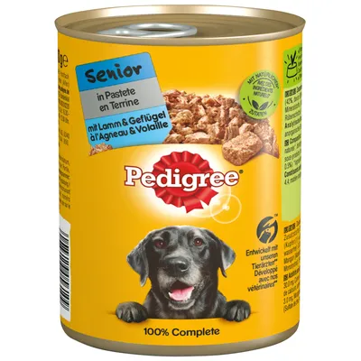 Pedigree Senior i paté med lam og fjerkræ, 100% komplet, udviklet med dyrlæger, indeholder naturlige ingredienser. Pedigree Senior i paté med lam og fjerkræ, 100% komplet, udviklet med dyrlæger, indeholder naturlige ingredienser.
