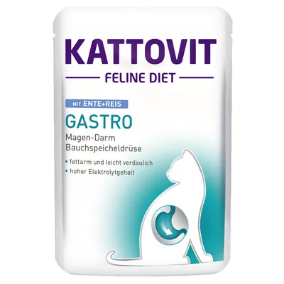 KATTOVIT FELINE DIET GASTRO mit Ente+Reis. Magen-Darm, Bauchspeicheldrüse. fettarm und leicht verdaulich, hoher Elektrolytgehalt. Tekst na njemačkom jeziku.