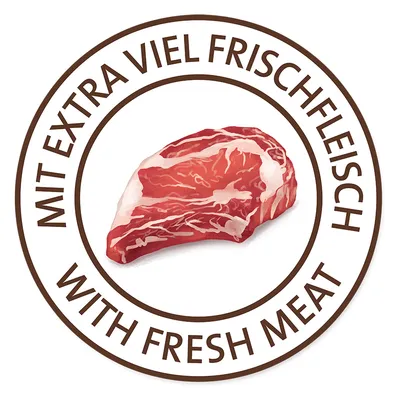Med extra mycket färskt kött. Bild av ett köttstycke med text på tyska och engelska.