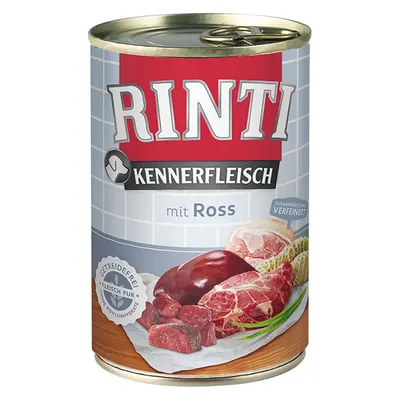 Scatola di cibo per cani Rinti Kennerfleisch mit Ross, con immagini di carne e scritte visibili: 'Getreidefrei', 'Fleisch pur', 'Zusammensetzung verfeinert', 'ohne Kohlenhydrate'.