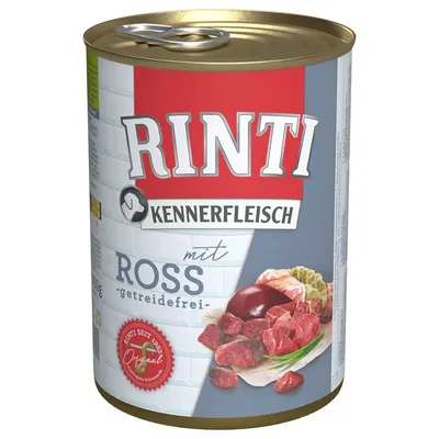 Scatola di cibo per cani Rinti Kennerfleisch mit Ross, getreidefrei. Immagine di carne e verdure sulla confezione. Testo in tedesco visibile: 'Rinti seit 1983 Original'.
