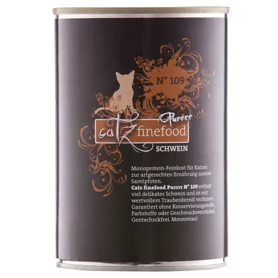 Lata de comida para gatos catz finefood Purrrr N° 109 Schwein. Texto en alemán visible sobre ingredientes y características, incluye silueta de gato y diseño decorativo en la etiqueta.