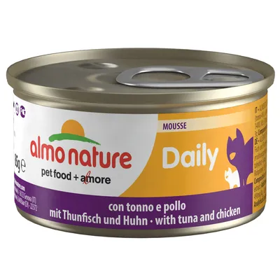 Konzerva almo nature pet food + amore Daily Mousse, s textem: con tonno e pollo, mit Thunfisch und Huhn, with tuna and chicken. Objem 85 g.