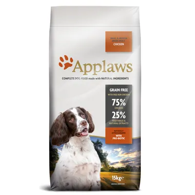 Applaws hundfoder för små och medelstora raser, smak kyckling, spannmålsfritt, 75% kyckling, 25% grönsaker och naturliga extrakt, hypoallergent med probiotika, 15 kg förpackning.
