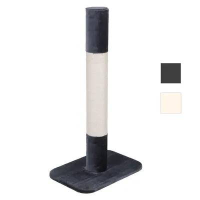 Cat tree with rectangular base, sisal post and grey fabric cover. Colour options: dark grey and cream white.