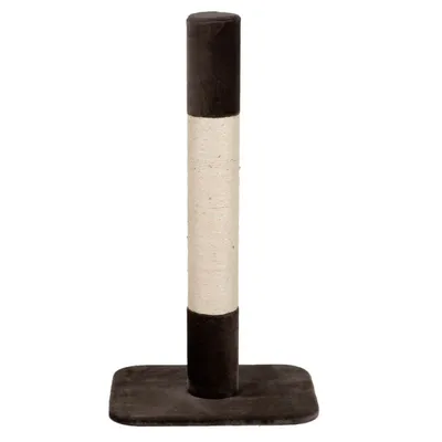 Tiragraffi per gatti con base rettangolare rivestita in tessuto scuro e colonna centrale avvolta in sisal chiaro, senza marchi visibili.