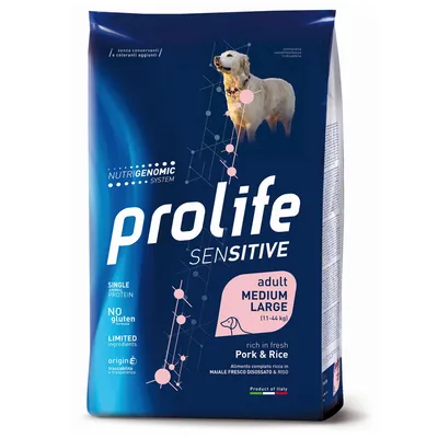 Prolife Sensitive Adult Medium Large (11-44 kg), rico en carne fresca de cerdo y arroz, sin gluten, proteína animal única, ingredientes limitados, fabricado en Italia.