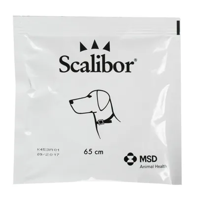 Emballage Scalibor, illustration de chien avec collier, texte : 65 cm, MSD Animal Health. Numéro de lot et date visibles en bas à gauche.