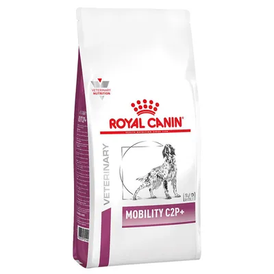 Confezione di crocchette per cani Royal Canin Veterinary Mobility C2P+, scritta 'Veterinary Nutrition', immagine di un cane sul fronte.