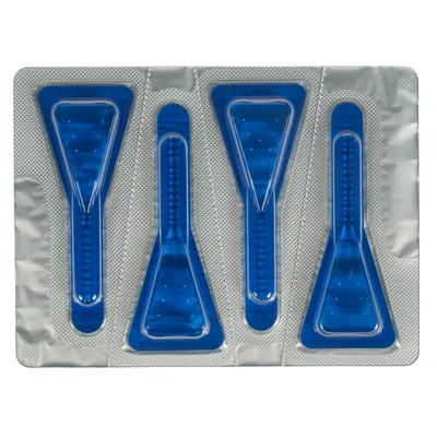 Plaquette de 4 pipettes en plastique transparent contenant un liquide bleu, emballées individuellement dans un blister argenté. Aucun texte ou marque visible.