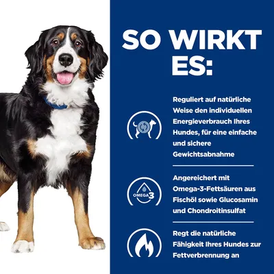 So wirkt es: Reguliert den Energieverbrauch des Hundes für sichere Gewichtsabnahme, angereichert mit Omega-3-Fettsäuren, Glucosamin und Chondroitinsulfat, fördert Fettverbrennung.