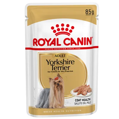 Royal Canin Adult Yorkshire Terrier nedves eledel, 85g, 10 hónaposnál idősebb kutyáknak, támogatja a szőrzet egészségét.