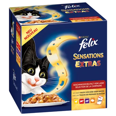 Purina Felix Sensations Extras kattenvoer, 24x porties. Tekst: 'NEU NOUVEAU', 'Geschmacksvielfalt vom Land', met kaas of bacon. Kat en voer zichtbaar op verpakking.