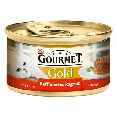 Консерва Gourmet Gold Raffiniertes Ragout mit Rind для кошек, изображение банки с кусочками рагу из говядины и белой кошкой на этикетке. Видна надпись на немецком.