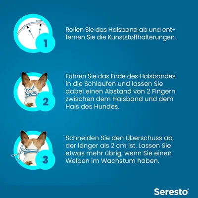Anleitung zur Anwendung des Seresto-Halsbands: 1. Halsband abrollen und Kunststoffhalterungen entfernen. 2. Abstand von 2 Fingern zwischen Halsband und Hundehals lassen. 3. Überschuss abschneiden.