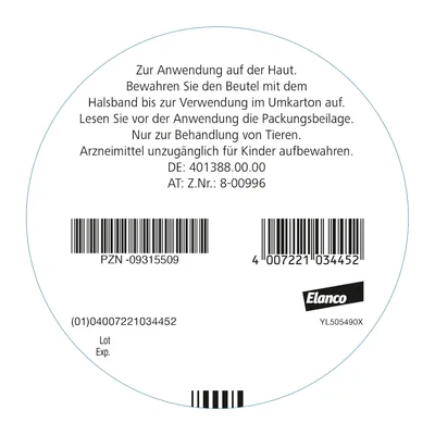 Zur Anwendung auf der Haut. Arzneimittel für Tiere, unzugänglich für Kinder aufbewahren. DE: 401388.00.00, AT: Z.Nr.: 8-00996. Barcode und PZN-09315509 sichtbar.